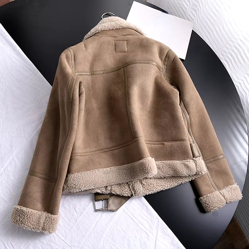 2026 Winter Women Thick Warm Suede Lamb Jacket Short Motorcycle Brown Coats Faux Shearling Sheepskin Leather Jackets Outwear