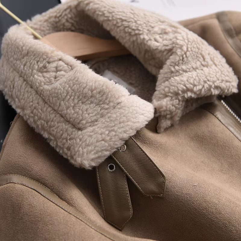 2026 Winter Women Thick Warm Suede Lamb Jacket Short Motorcycle Brown Coats Faux Shearling Sheepskin Leather Jackets Outwear