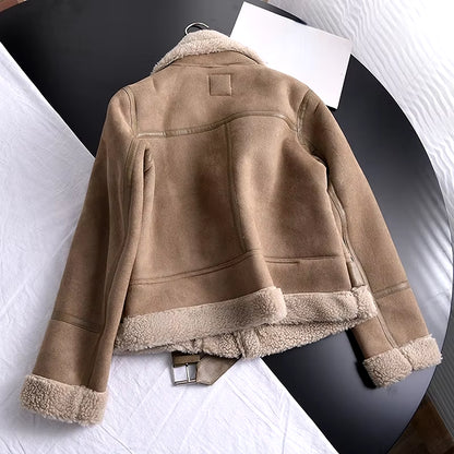 2026 Winter Women Thick Warm Suede Lamb Jacket Short Motorcycle Brown Coats Faux Shearling Sheepskin Leather Jackets Outwear