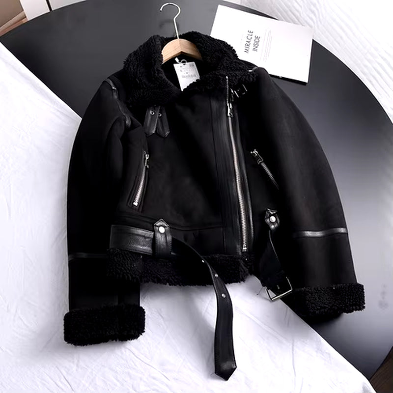 2026 Winter Women Thick Warm Suede Lamb Jacket Short Motorcycle Brown Coats Faux Shearling Sheepskin Leather Jackets Outwear