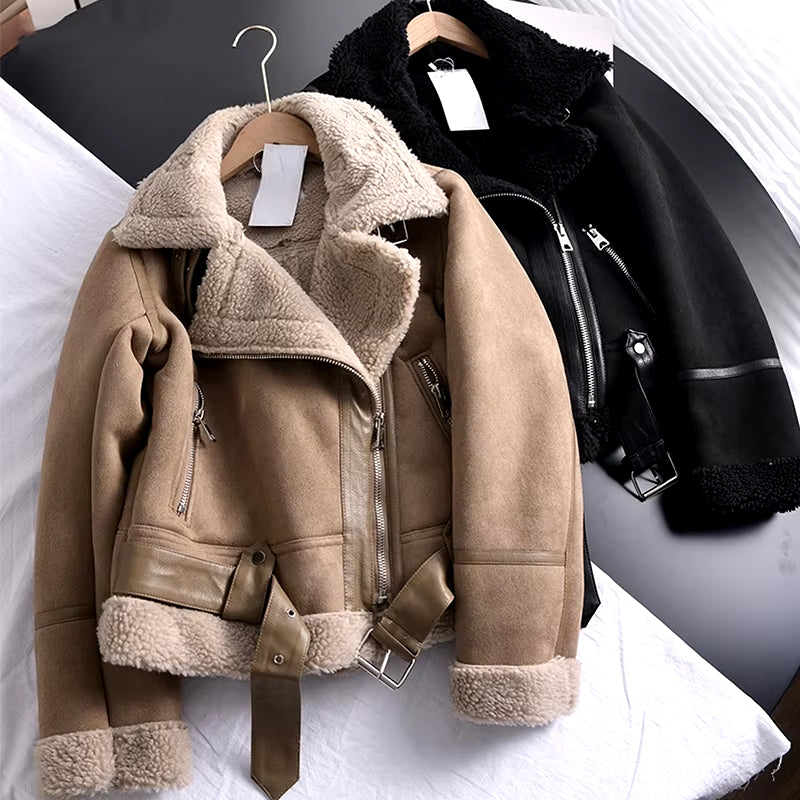 2026 Winter Women Thick Warm Suede Lamb Jacket Short Motorcycle Brown Coats Faux Shearling Sheepskin Leather Jackets Outwear