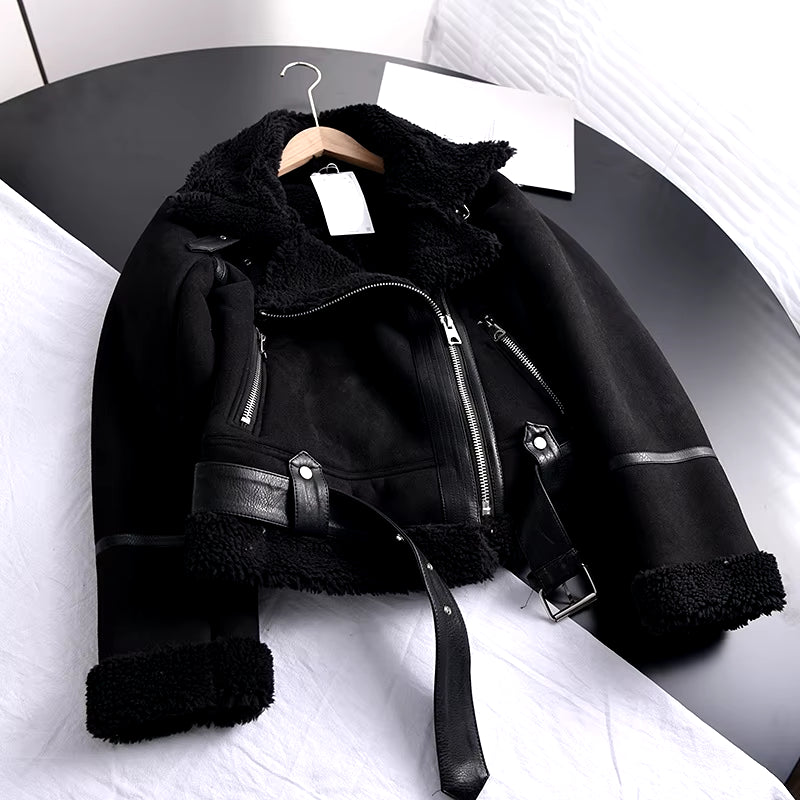 2026 Winter Women Thick Warm Suede Lamb Jacket Short Motorcycle Brown Coats Faux Shearling Sheepskin Leather Jackets Outwear