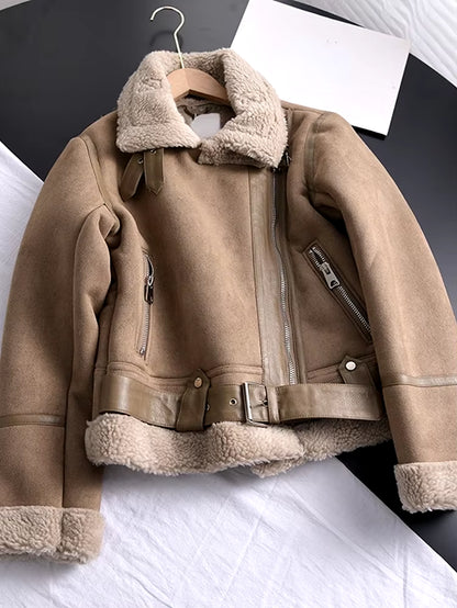 2026 Winter Women Thick Warm Suede Lamb Jacket Short Motorcycle Brown Coats Faux Shearling Sheepskin Leather Jackets Outwear